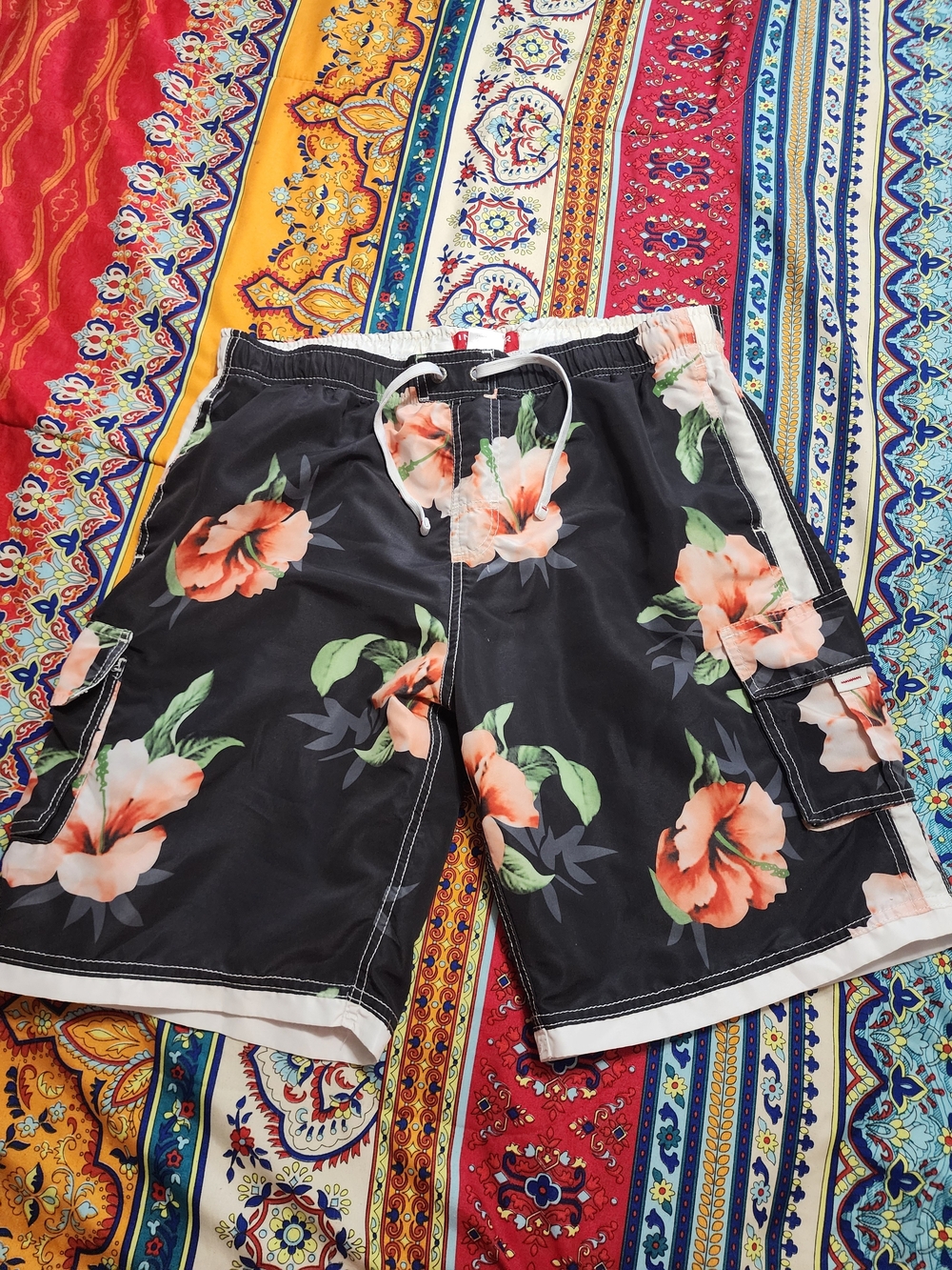 Ingear Black Swim Shorts with Peach Floral Accents Size Med